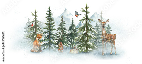Watercolor illustration of winter forest and mountains. Landscape, forest trees, pines, mountains wild animals deer, squirrel, fox, bullfinch. Wild nature.