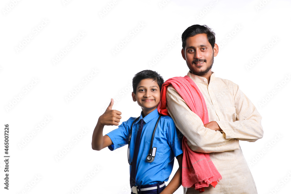 Indian farmer with his child on white background. Indian farmer with his child on white background.