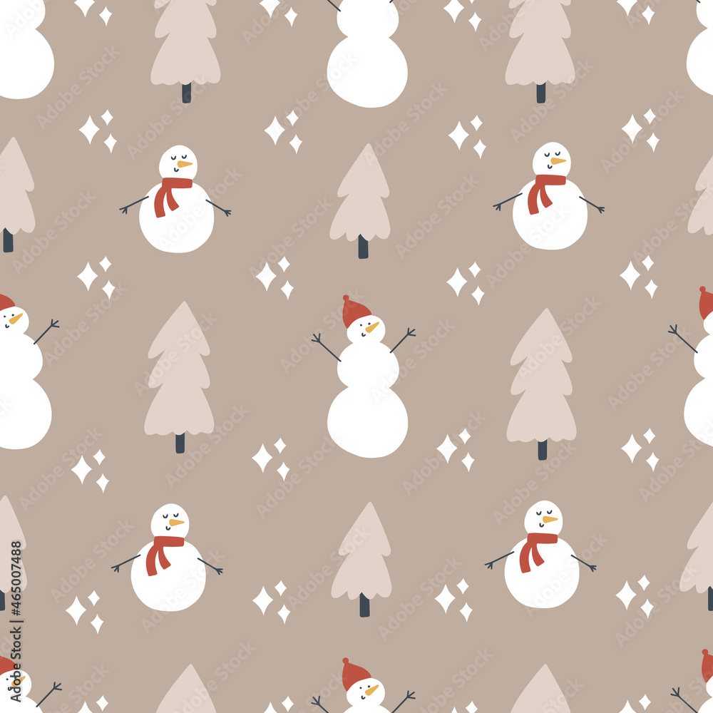 Seamless pattern with snowman and christmas tree. Hand drawn vector illustatration