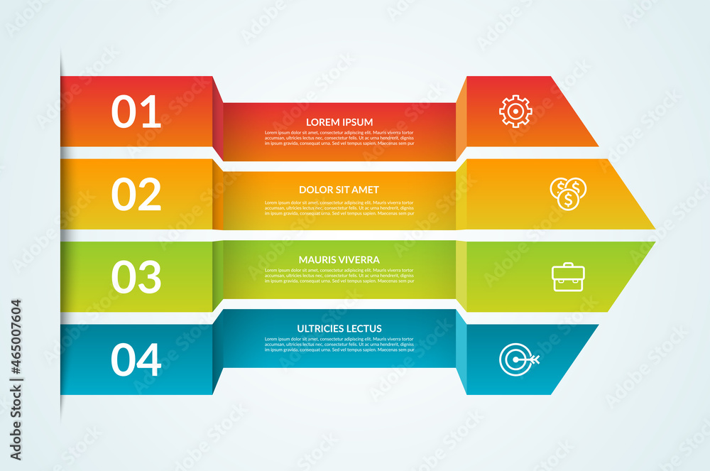 Modern infographic template. Big paper arrow of 4 colorful horizontal strips. Can be used for graph, chart, report, presentation, step-by-step infographics, web design. Vector illustration Modern infographic template. Big paper arrow of 4 colorful horizontal strips. Can be used for graph, chart, report, presentation, step-by-step infographics, web design. Vector illustration