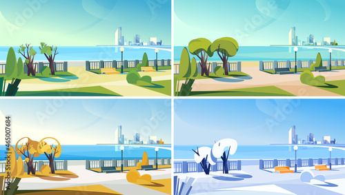 City embankment at different times of the year. Beautiful urban scenery.