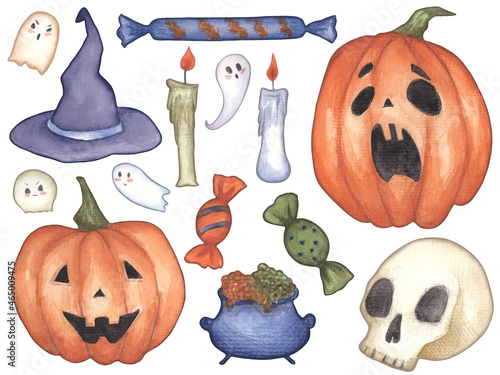 Set of halloween elements with pumpkins, hats and sweets