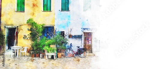 Burano, Venice, Italy, Watercolor drawing, beautiful background of the street and house of the island of Burano Venice, background for a tourist postcard from Italy, yellow blue wall