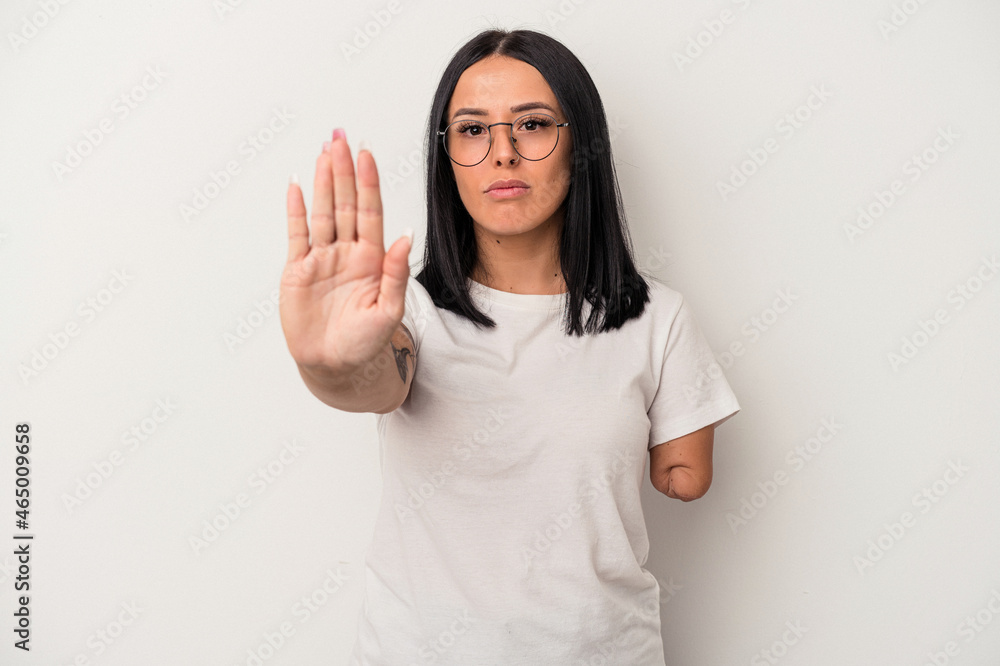 Young caucasian woman with one arm isolated on white background standing with outstretched hand showing stop sign, preventing you. Young caucasian woman with one arm isolated on white background standing with outstretched hand showing stop sign, preventing you.