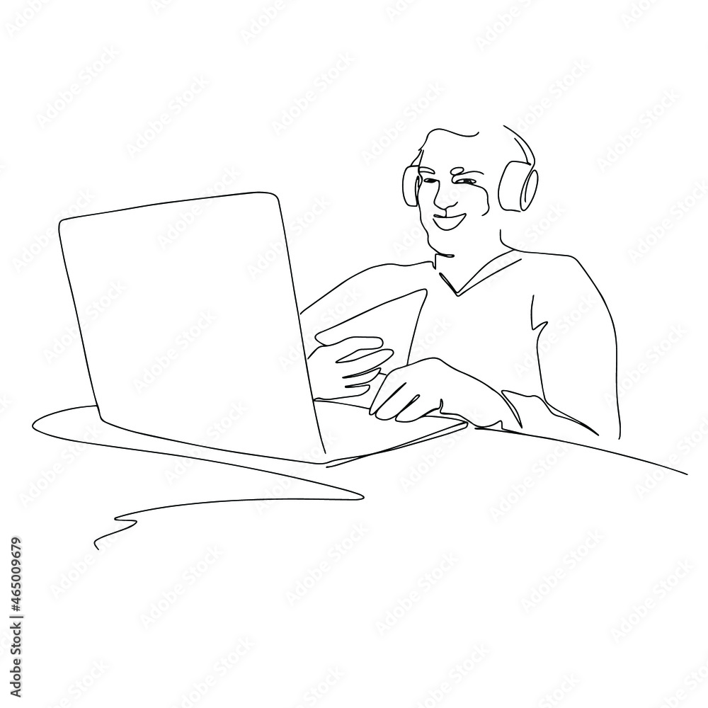 Hand drawn man is working on laptop and eating pizza line art. Young man is playing on PC silhouette. Outline drawing Abstract minimalistic linear sketch vector illustration
