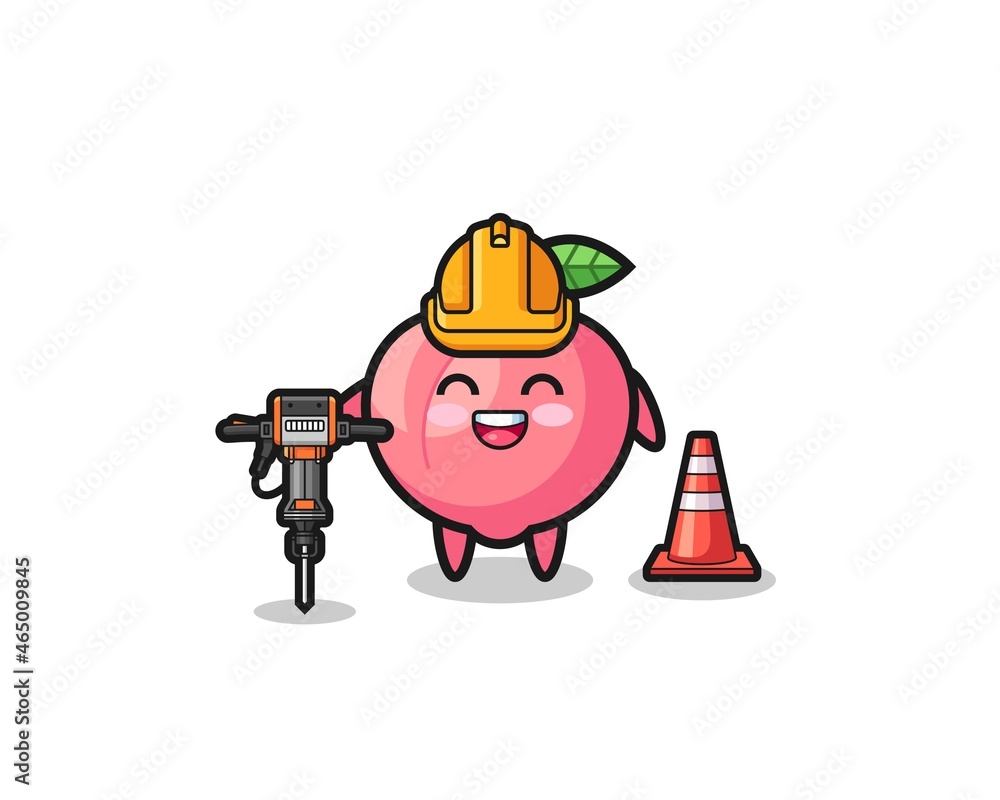 road worker mascot of peach holding drill machine road worker mascot of peach holding drill machine