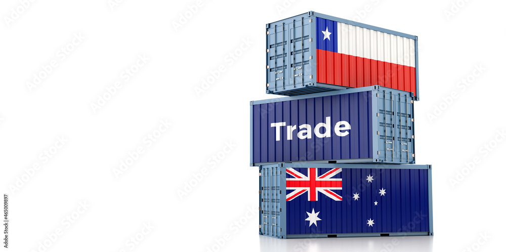 Shipping containers with Australia and Chile flag. 3D Rendering 