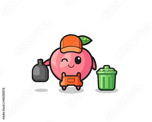 the mascot of cute peach as garbage collector