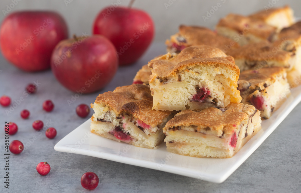 Homemade sponge apple cake with cranberries, square slices on plate, horizontal