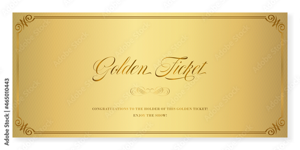 Golden ticket. Vector premium ticket template in classic style for any event. Can be used for web and print. - obrazy, fototapety, plakaty 