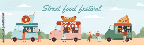 Street food festival with people buying meals at the trucks and vans, flat vector poster illustration.