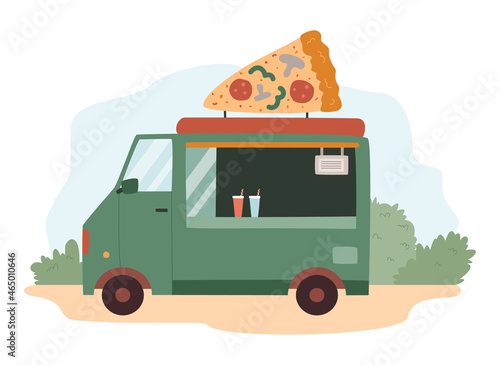 Food van or truck in the park with pizza slice, flat vector illustration isolated on white background.