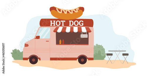 Street food truck with hot dog snacks, flat vector illustration isolated.