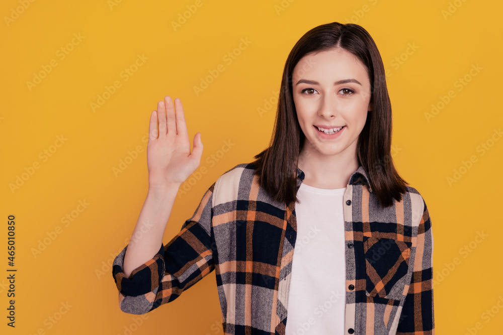 Photo of friendly positive nice glad lady wave hand isolated yellow color background Photo of friendly positive nice glad lady wave hand isolated yellow color background