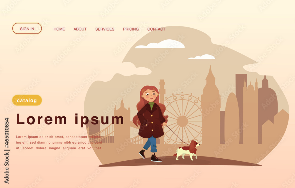 Girl with a dog walks around the city. Vector illustration for poster, banner, website, advertising.