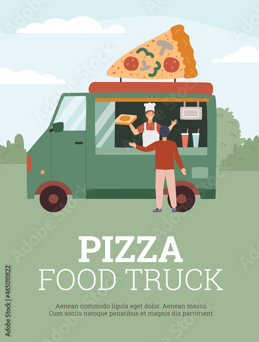 Pizza food truck poster invitation template, flat vector illustration.