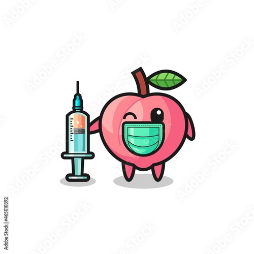 peach mascot as vaccinator