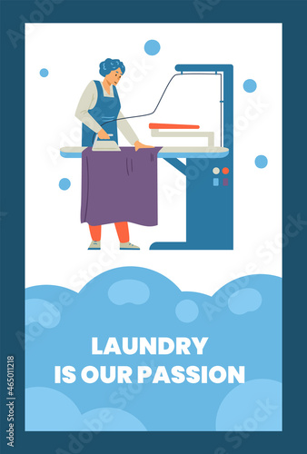Laundry service poster template with woman ironing clothes, flat vector illustration.
