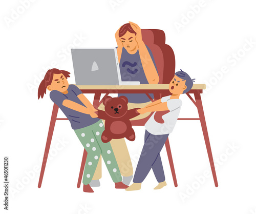 Tired woman tries to work and children scream and cant share toy, flat vector illustration isolated on white background.