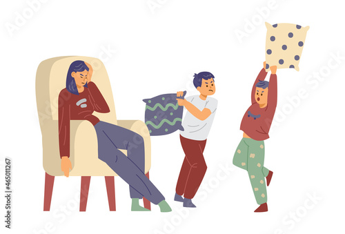 Tired and depressed mother sits on armchair, flat vector illustration isolated on white background.