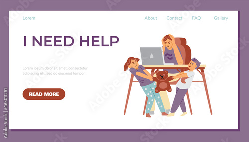 Tired woman tries to work while children screaming and fighting, landing page template - flat vector illustration.