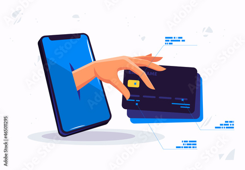 Vector illustration of a human hand stealing bank data and using a mobile phone, losing bank cards from fraudsters