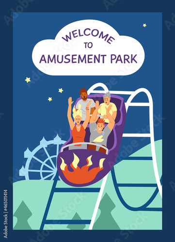 Amusement park poster or banner with happy and excited people riding rollercoaster, flat vector illustration.