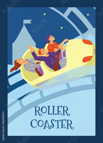 Happy teenager friends riding on rollercoaster in amusement park, flat vector illustration.