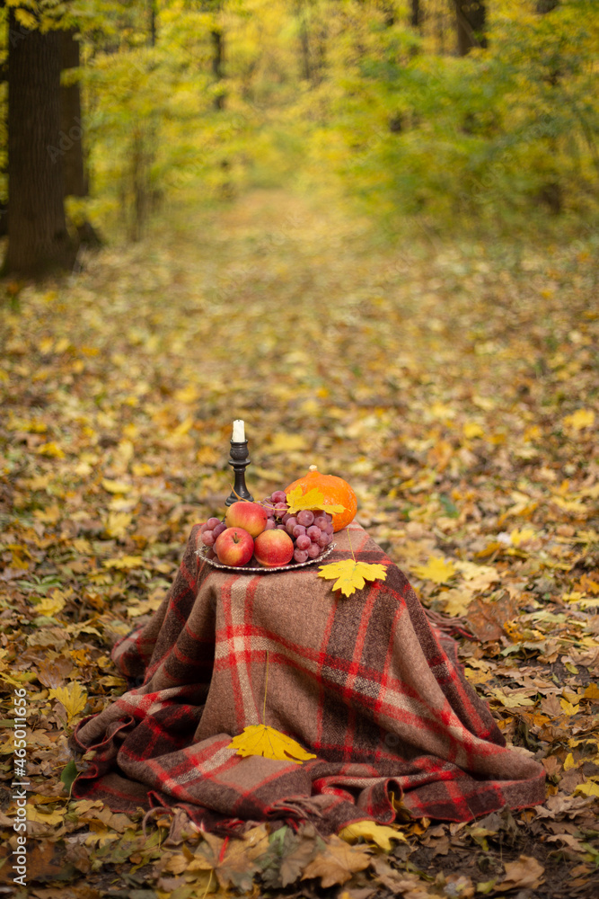 Autumn concept with fruit and candle on yellow leaves background Autumn concept with fruit and candle on yellow leaves background