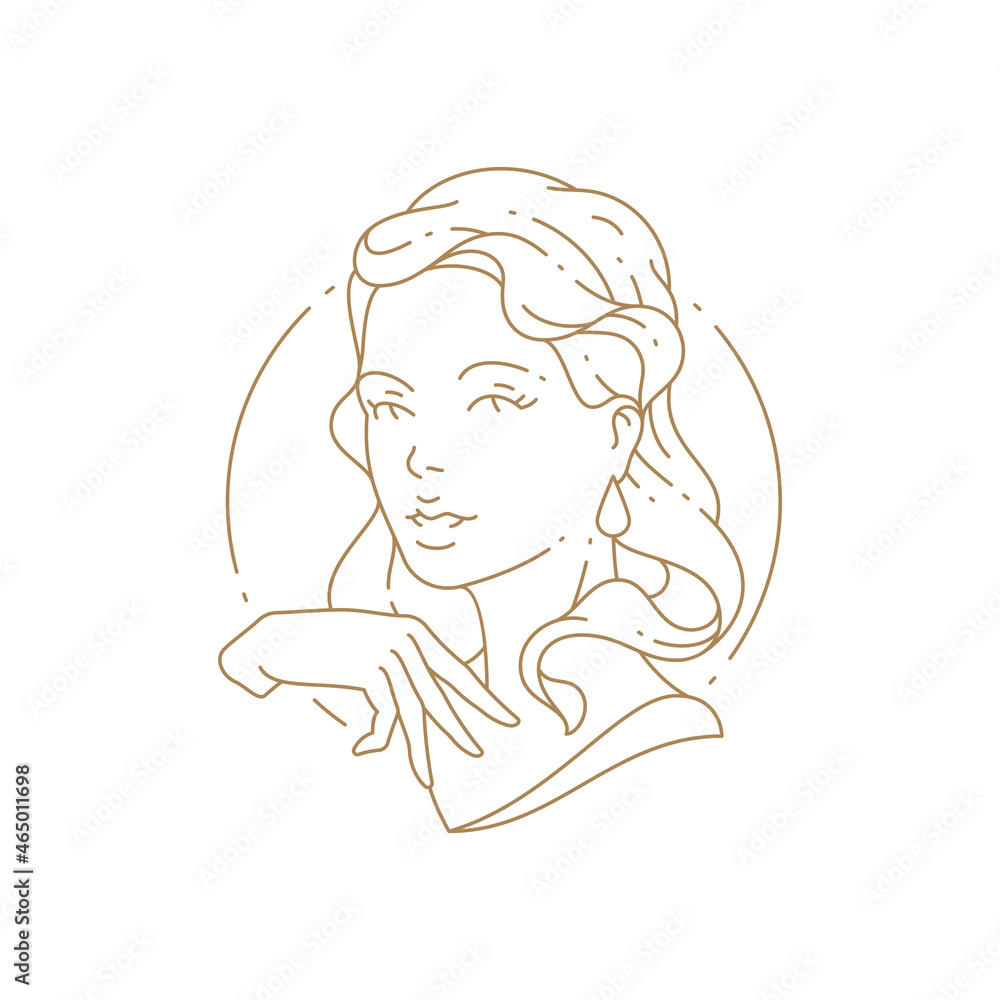 Pretty lady bust in circle frame monochrome linear logo vector illustration Pretty lady bust in circle frame monochrome linear logo vector illustration