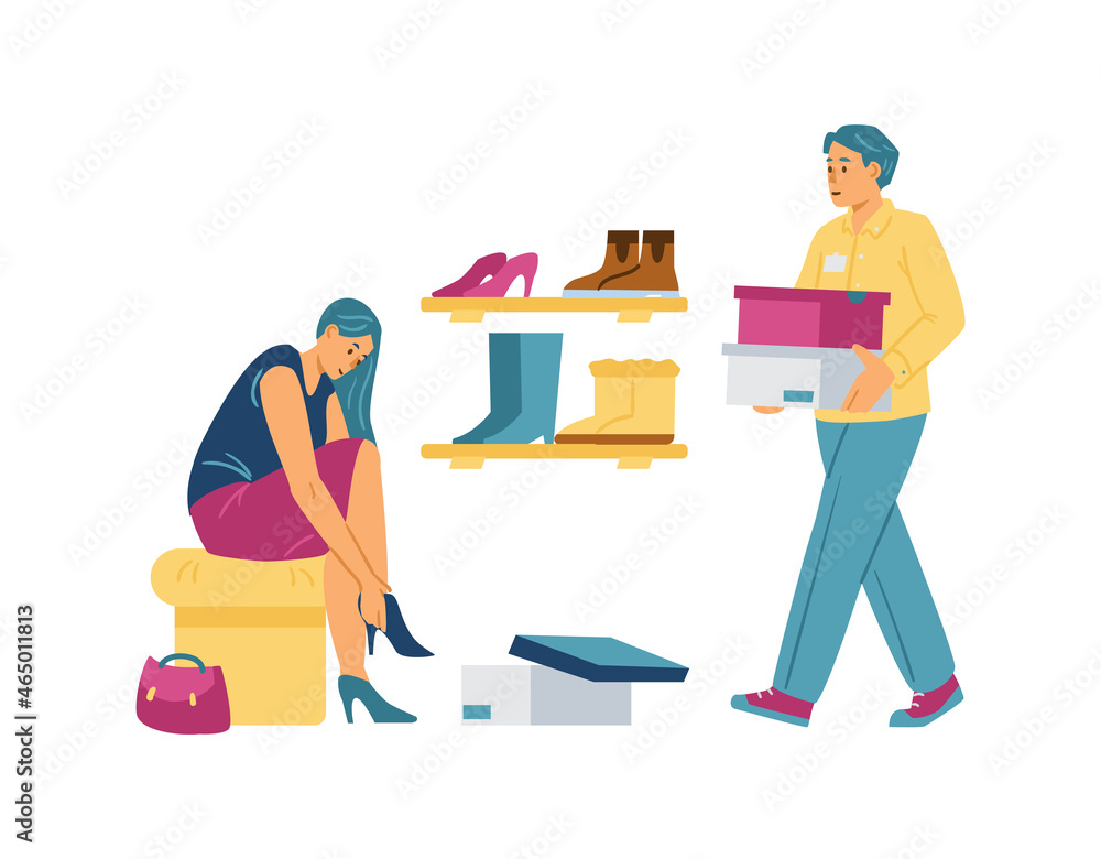 Woman sits on bench, measures shoes in footwear store, seller helps with choice Woman sits on bench, measures shoes in footwear store, seller helps with choice