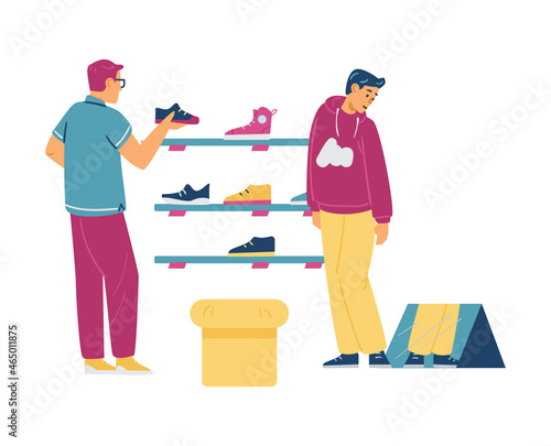 Young man chooses, tries on, looks in mirror shoes in shoe store in flat vector