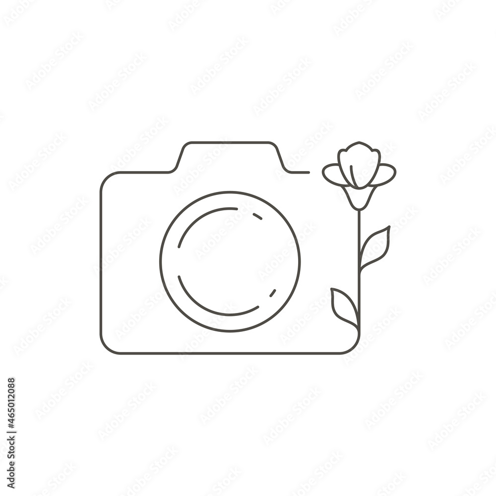 Line art photo camera with simple flower plant feminine beauty blog logo vector illustration