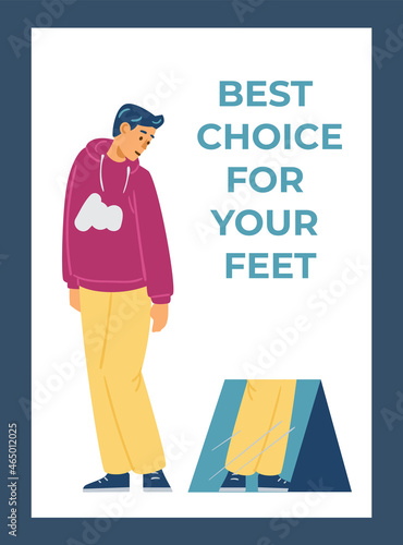 Poster with text, young man trying on shoes or sneakers, looks in mirror