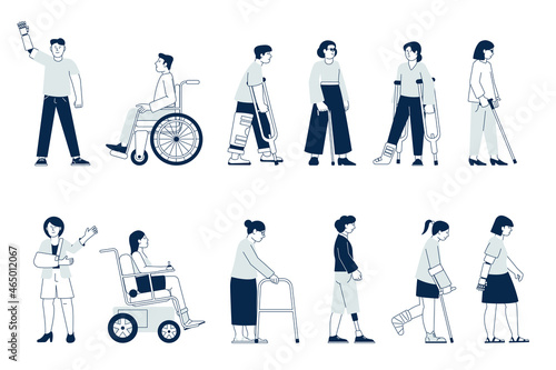 Injured people. Bandaged girl, person in wheelchair. Inclusion, handicap patients. Isolated girl boy with different injuries recent vector set