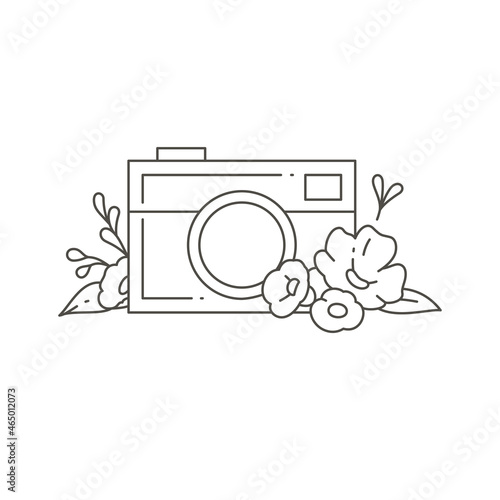 Monochrome elegant feminine photo camera natural plants flowers for shooting blog or picture
