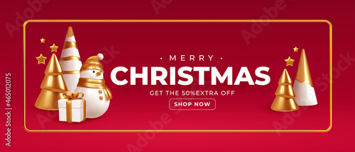 Merry Christmas Handmade holiday background. White gold Christmas ornaments on a red background. Realistic 3d Christmas background. Vector illustration