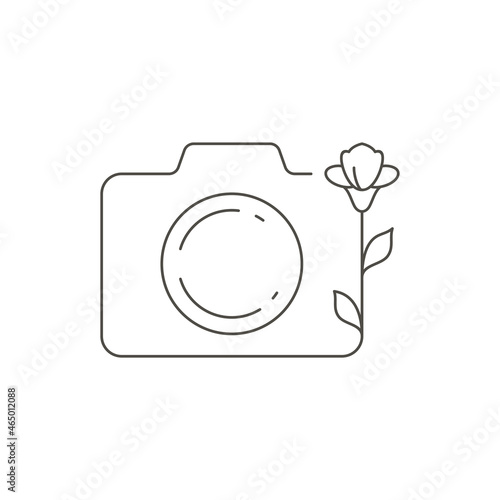 Line art photo camera with simple flower plant feminine beauty blog logo vector illustration