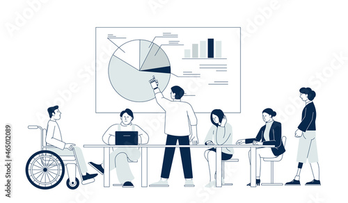 Inclusive. Diversity on workplace, inclusion disabled workers in office habitat and education process. Person in wheelchair on business meeting recent vector scene