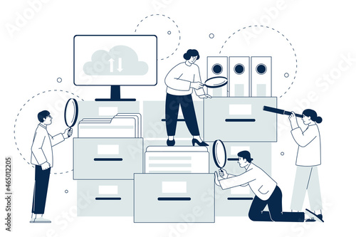 Searching file document. Data files search, people looking documents in computer. Organization and filing concept, office teamwork recent vector scene