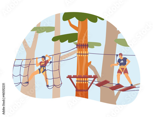 People overcome obstacle in adventure park, flat vector illustration.