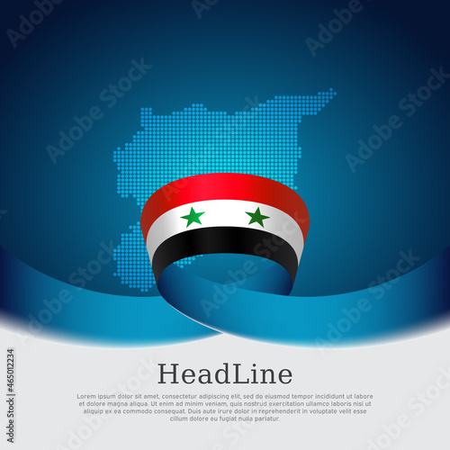 Syria flag, mosaic map on blue white background. Wavy ribbon with the syria flag. Vector banner design, national poster. Business booklet. State syrian patriotic flyer, brochure