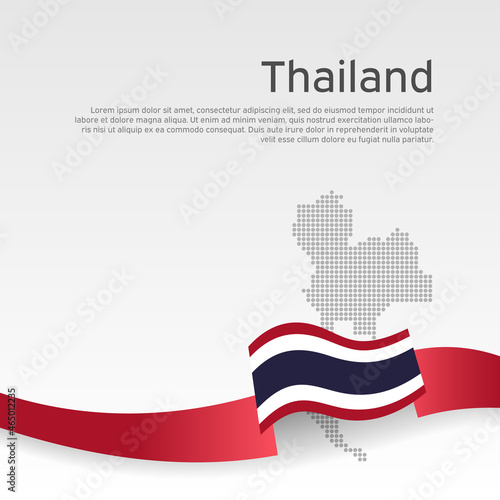 Thailand flag, mosaic map on white background. Wavy ribbon with the thai flag. Vector banner design, thailand national poster. Cover for business booklet. State patriotic, flyer, brochure