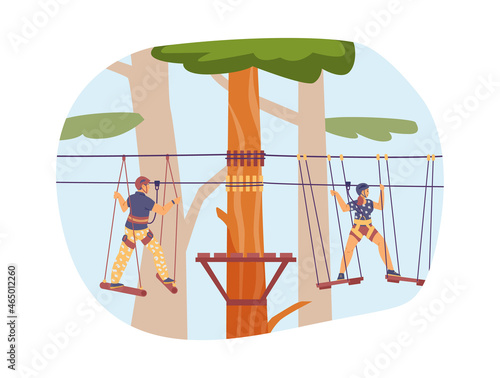 Adventure rope park with trail hanging from trees in flat vector illustration