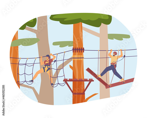 Man and woman explore rope park in woods, flat vector illustration.