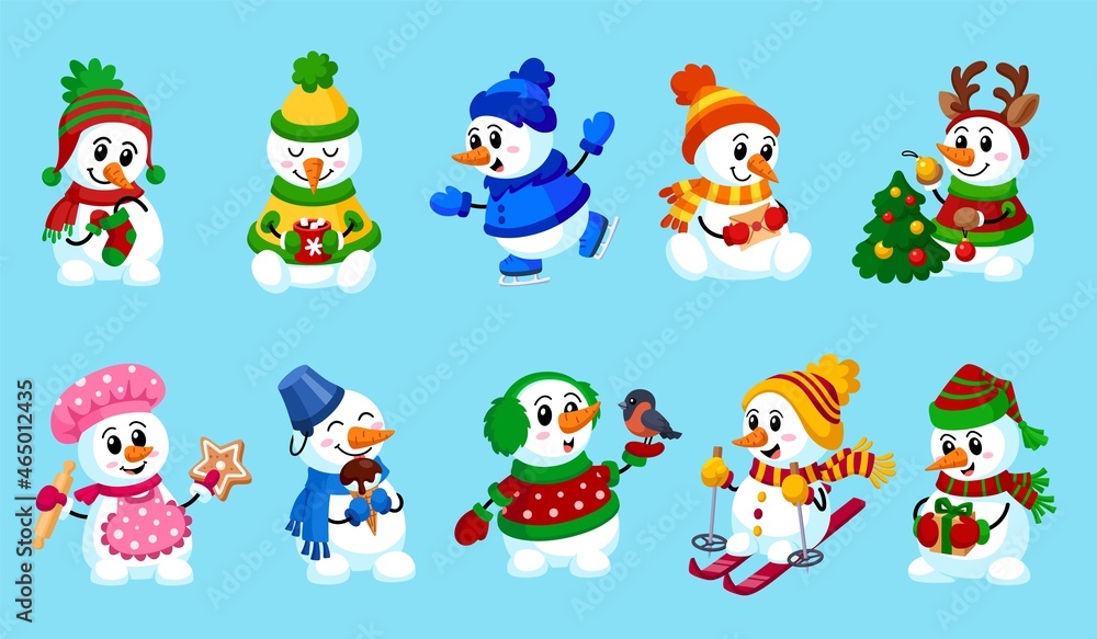 Cartoon snowman. Happy snowmen collection, snow winter characters in hat and scarfs. Christmas symbol, xmas kids cute friends garish vector set Cartoon snowman. Happy snowmen collection, snow winter characters in hat and scarfs. Christmas symbol, xmas kids cute friends garish vector set