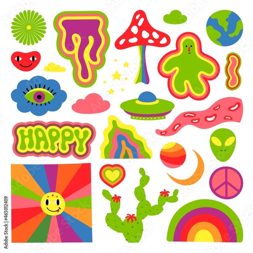 Hippie cartoon elements. 60s 70s psychedelic objects, clothes trippy sticker. Retro mushroom, rainbow groovy lifestyle. Abstract art swanky vector set