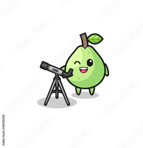 guava astronomer mascot with a modern telescope