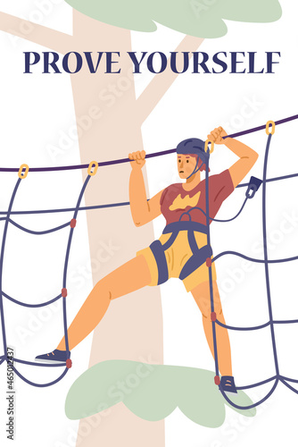 Woman in rope park with safety equipment climbing cargo net, flat vector illustration.