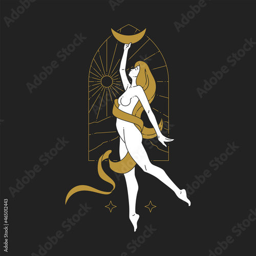 Abstract mystic woman with naked body wrapped ribbon carrying half moon with line art golden frame